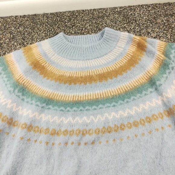 2021 J Crew Sweater Fair Isle Wool Alpaca Puff Sleeve Raglan Blue Womens Large - Picture 2 of 9